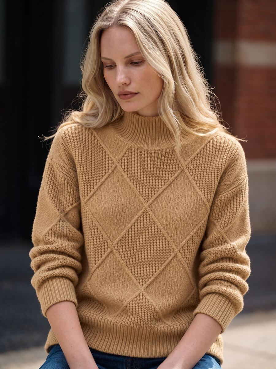 Airaco Women's Geometric Textured Turtleneck Long Sleeve Casual Sweater, Autumn/Winter Tweed Earthy Style - Brown - View 1