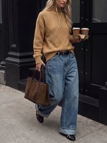 Airaco Women's Geometric Textured Turtleneck Long Sleeve Casual Sweater, Autumn/Winter Tweed Earthy Style - Brown - View 2