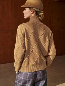 Airaco Women's Geometric Textured Turtleneck Long Sleeve Casual Sweater, Autumn/Winter Tweed Earthy Style - Brown - View 4
