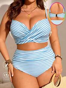 Swim Chiccia Set Pakaian Renang Bikini Minimalis Modis 2 Potong untuk Wanita Ukuran Plus dengan Tali Bahu Tipis dan Motif Garis-garis - Biru - View 2