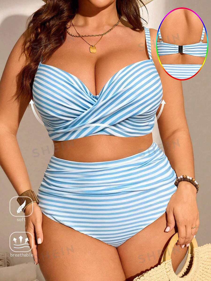 Swim Chiccia Set Pakaian Renang Bikini Minimalis Modis 2 Potong untuk Wanita Ukuran Plus dengan Tali Bahu Tipis dan Motif Garis-garis