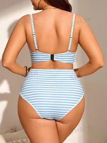 Swim Chiccia Set Pakaian Renang Bikini Minimalis Modis 2 Potong untuk Wanita Ukuran Plus dengan Tali Bahu Tipis dan Motif Garis-garis - Biru - View 3