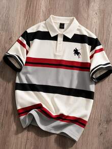 Manfinity Joysei Men's Striped Knight Logo Print Polo Shirt, Suitable For Daily Casual, Friends Gathering, Campus Wear, Formal, Old Money - Multicolor - View 1
