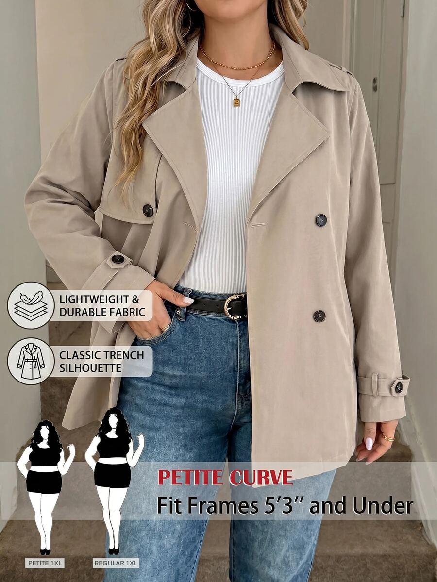 SHEIN PETITE CURVE Plus Size Casual Solid Color Notched Collar Double-Breasted Windbreaker Fall - Khaki - View 1