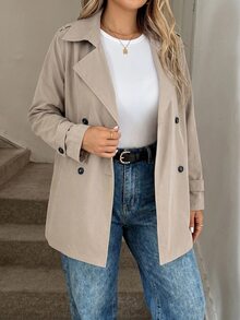 SHEIN PETITE CURVE Plus Size Casual Solid Color Notched Collar Double-Breasted Windbreaker Fall - Khaki - View 7
