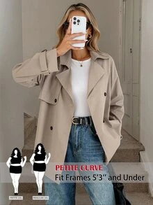 SHEIN PETITE CURVE Plus Size Casual Solid Color Notched Collar Double-Breasted Windbreaker Fall - Khaki - View 2