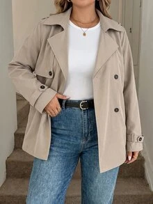 SHEIN PETITE CURVE Plus Size Casual Solid Color Notched Collar Double-Breasted Windbreaker Fall - Khaki - View 5