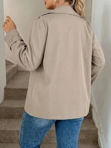 SHEIN PETITE CURVE Plus Size Casual Solid Color Notched Collar Double-Breasted Windbreaker Fall - Khaki - View 3