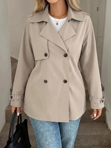 SHEIN PETITE CURVE Plus Size Casual Solid Color Notched Collar Double-Breasted Windbreaker Fall - Khaki - View 4