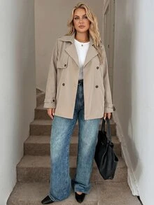 SHEIN PETITE CURVE Plus Size Casual Solid Color Notched Collar Double-Breasted Windbreaker Fall - Khaki - View 6