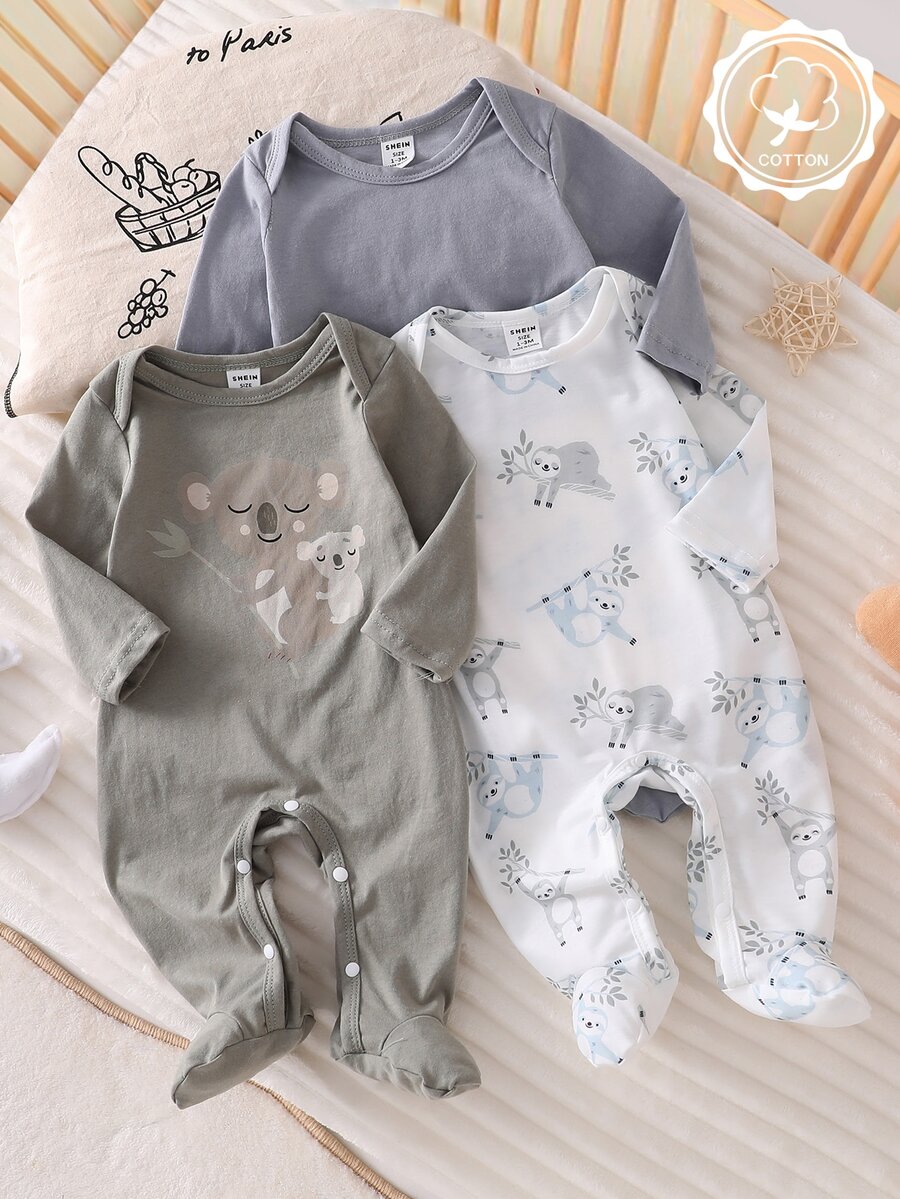 3pcs Newborn Basic Animal Print Long Sleeve Fall Autumn/Winter Jumpsuit Sleepwear Set Crew Neck Cotton Cartoon Button Pants Soft Cozy Cute Nightwear