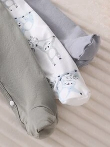 3pcs Newborn Basic Animal Print Long Sleeve Fall Autumn/Winter Jumpsuit Sleepwear Set Crew Neck Cotton Cartoon Button Pants Soft Cozy Cute Nightwear - Multicolor - View 4