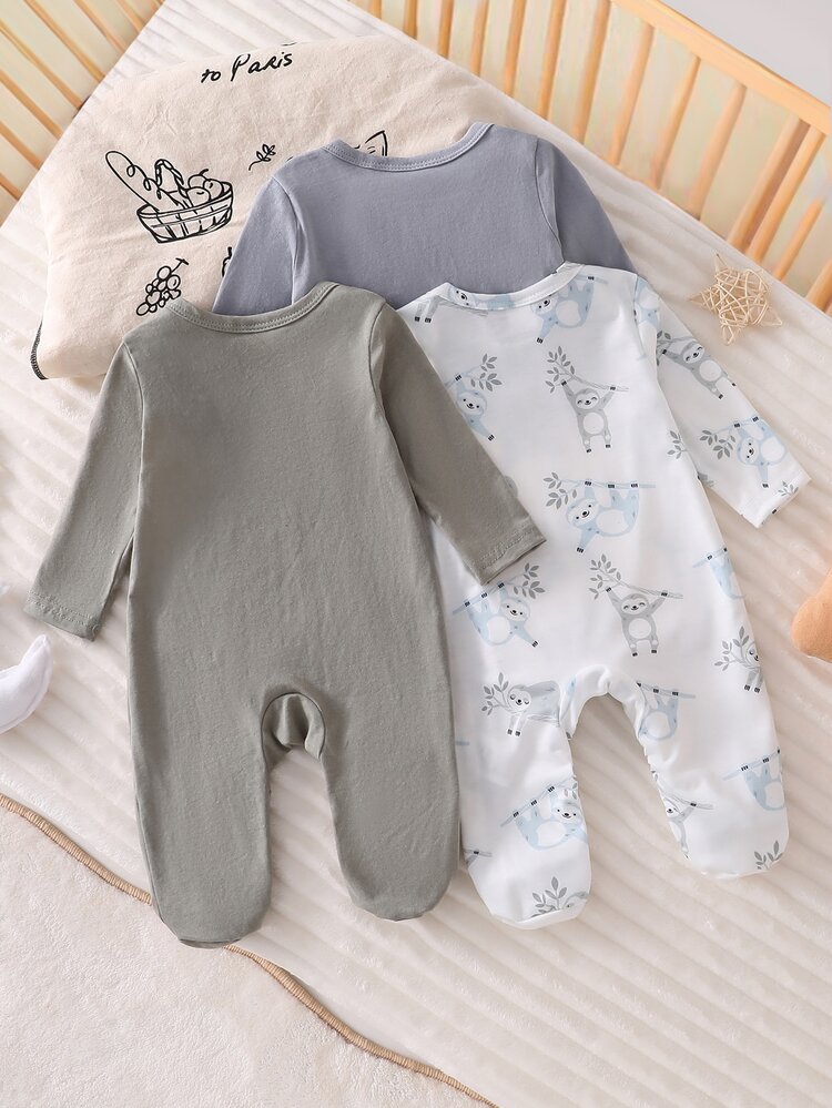 3pcs Newborn Basic Animal Print Long Sleeve Fall Autumn/Winter Jumpsuit Sleepwear Set Crew Neck Cotton Cartoon Button Pants Soft Cozy Cute Nightwear - Multicolor - View 2