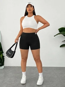 SHEIN EZwear Plus Size Women Casual Short Leggings, Summer Gym Black - Black - View 7