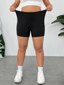 SHEIN EZwear Plus Size Women Casual Short Leggings, Summer Gym Black - Black - View 5