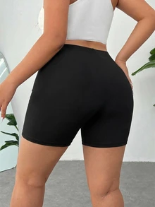 SHEIN EZwear Plus Size Women Casual Short Leggings, Summer Gym Black - Black - View 3