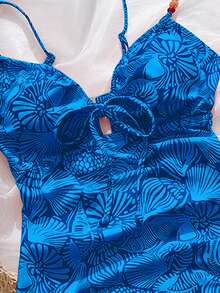 Swim Vcay Women's Random Seashell Print Beaded Drawstring Front One-Piece Swimsuit, Orange, Suitable For Summer Beach Vacation - Royal Blue - View 5