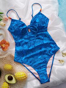 Swim Vcay Women's Random Seashell Print Beaded Drawstring Front One-Piece Swimsuit, Orange, Suitable For Summer Beach Vacation - Royal Blue - View 4