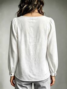 SHEIN 女款 100% 純棉蕾絲領前扣長袖襯衫，2026 秋季穿搭，開襟襯衫，白色上衣 - 白色 - 查看 3