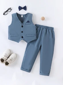SHEIN Little Boys 3Pcs Bow Tie Vest Trousers Suit Set Fall Formal Wedding Birthday Outfit - Teal Blue - View 4