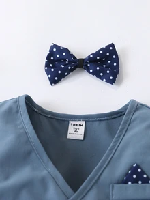 SHEIN Little Boys 3Pcs Bow Tie Vest Trousers Suit Set Fall Formal Wedding Birthday Outfit - Teal Blue - View 6