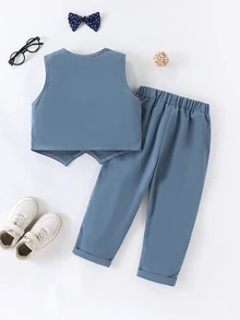 SHEIN Little Boys 3Pcs Bow Tie Vest Trousers Suit Set Fall Formal Wedding Birthday Outfit - Teal Blue - View 3