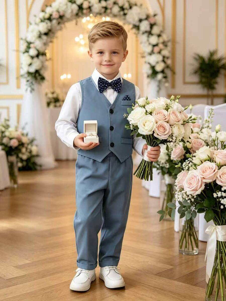 SHEIN Little Boys 3Pcs Bow Tie Vest Trousers Suit Set Fall Formal Wedding Birthday Outfit