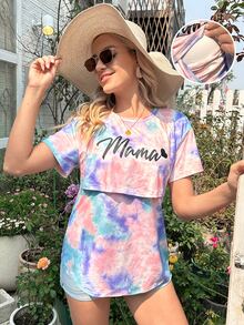 SHEIN Maternity Tie Dye Letter Graphic Nursing Tee - Multicolor - View 1