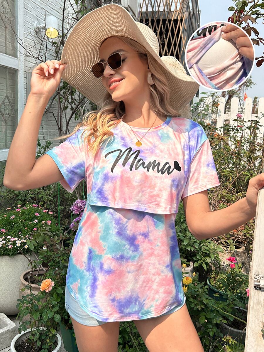 SHEIN Maternity Tie Dye Letter Graphic Nursing Tee - Multicolor - View 1