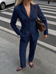 Airaco 2 件套女士商务套装：纯色夹克和裤子，通勤风格，秋季 - 藏蓝色 - 查看 1