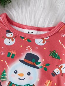 SHEIN 男嬰 2 件組聖誕樹秋冬款修身長袖睡衣褲套裝，卡通雪人印花 - 紅色 - 查看 8