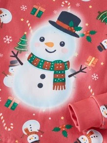 SHEIN 男嬰 2 件組聖誕樹秋冬款修身長袖睡衣褲套裝，卡通雪人印花 - 紅色 - 查看 4