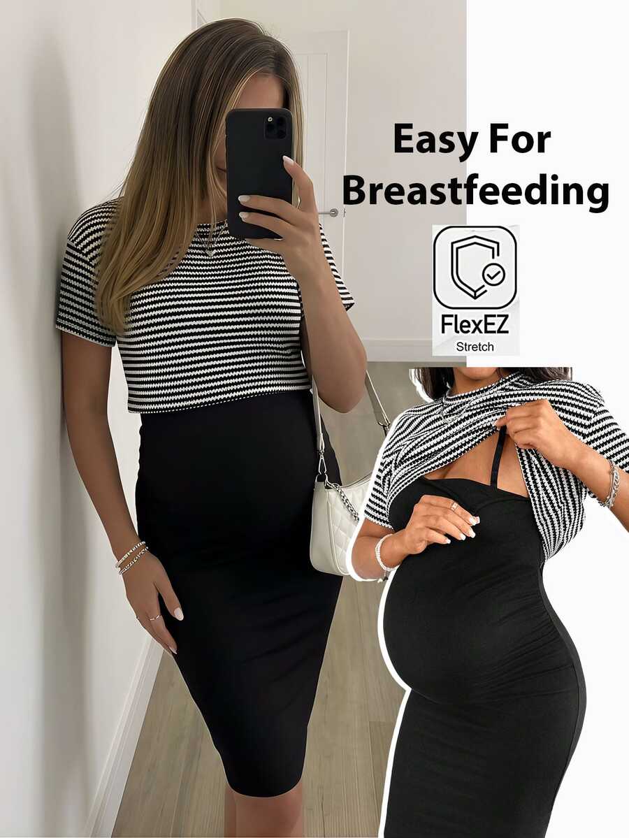 SHEIN 孕妇夏季休闲条纹T恤和纯色修身无袖哺乳连衣裙两件套 - 黑色 - 查看 1