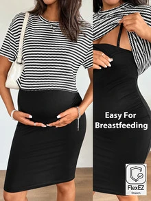 SHEIN 孕妇夏季休闲条纹T恤和纯色修身无袖哺乳连衣裙两件套 - 黑色 - 查看 3