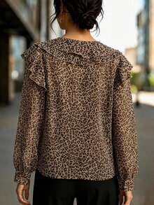SHEIN Women's Elegant Ruffle Long Sleeve Chiffon Leopard Print Loose Blouse, Commuter Top - Brown - View 2