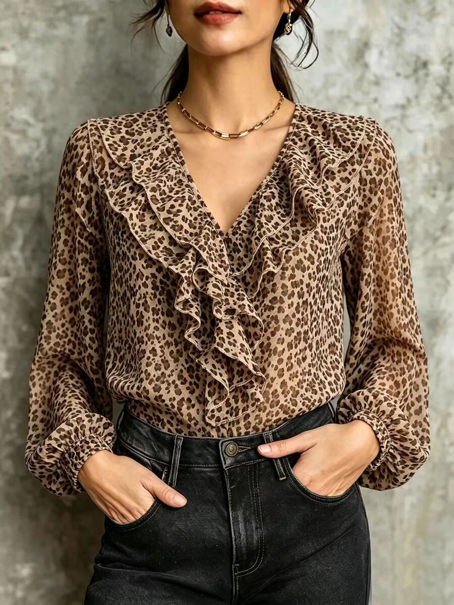 SHEIN Women's Elegant Ruffle Long Sleeve Chiffon Leopard Print Loose Blouse, Commuter Top - Brown - View 1