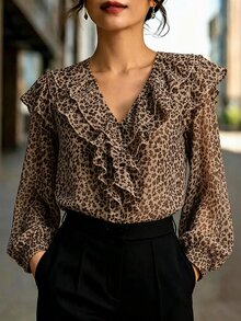 SHEIN Women's Elegant Ruffle Long Sleeve Chiffon Leopard Print Loose Blouse, Commuter Top - Brown - View 3