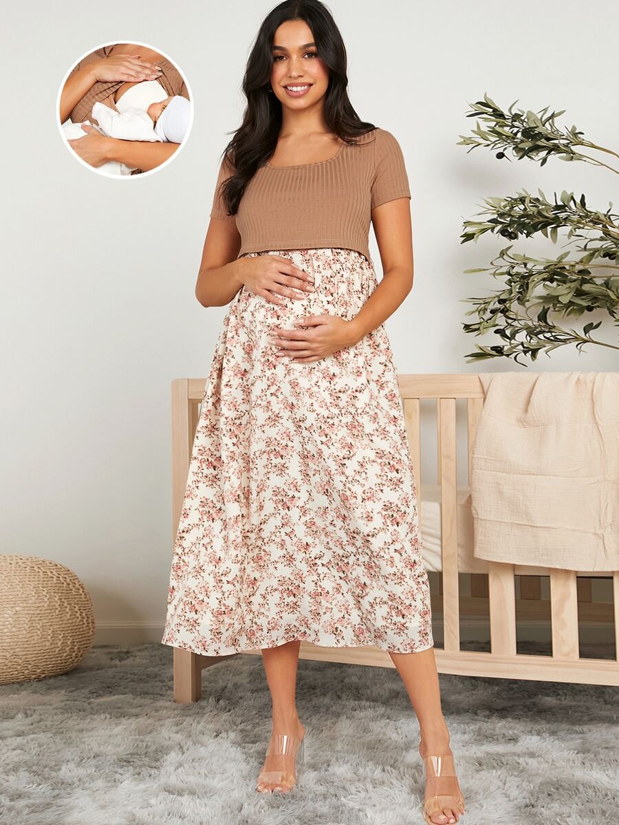 SHEIN Maternity Floral Patchwork Nursing Dress - Khaki - View 1