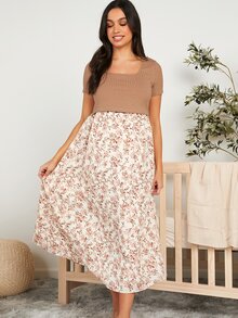 SHEIN Maternity Floral Patchwork Nursing Dress - Khaki - View 3