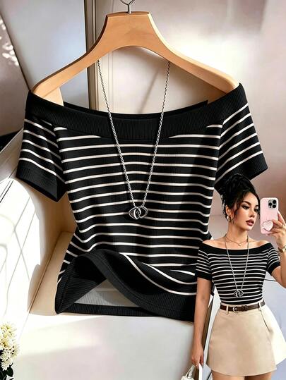 SHEIN Franclia Elegant Fashionable Square Neck Striped Print Slim Fit Commuter Daily Versatile Business Professional Travel Date Single Party Women's T-Shirt