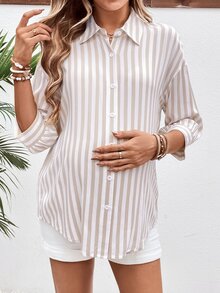 SHEIN 孕妇户外轻质纽扣式哺乳衬衫 - 卡其色 - 查看 4