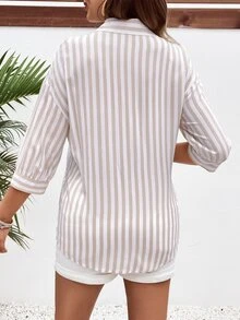 SHEIN 孕妇户外轻质纽扣式哺乳衬衫 - 卡其色 - 查看 2