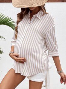 SHEIN 孕妇户外轻质纽扣式哺乳衬衫 - 卡其色 - 查看 5