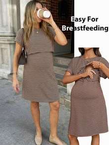 SHEIN 孕妇夏季休闲条纹哺乳连衣裙 - 棕色 - 查看 1
