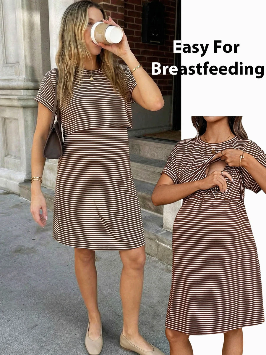 SHEIN 孕妇夏季休闲条纹哺乳连衣裙 - 棕色 - 查看 1