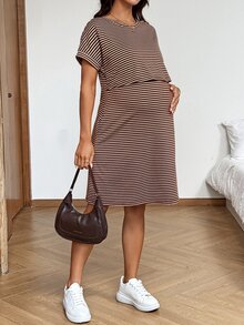 SHEIN 孕妇夏季休闲条纹哺乳连衣裙 - 棕色 - 查看 4