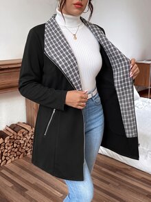 Linhara جاكيت نسائي كاجوال بتصميم رقعات مربعات مقاس كبير، بياقة وسحاب أمامي كامل وجيب أمامي، أكمام طويلة، دافئ للربيع والخريف والشتاء - الأسود - مشاهدة 6