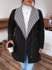 Linhara جاكيت نسائي كاجوال بتصميم رقعات مربعات مقاس كبير، بياقة وسحاب أمامي كامل وجيب أمامي، أكمام طويلة، دافئ للربيع والخريف والشتاء - الأسود - مشاهدة 5