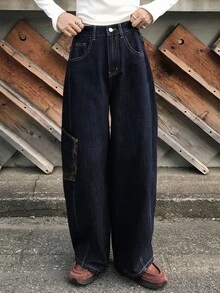 FRIFUL Women's Casual Daily Denim Jeans With Pocket, Button And Letter Pattern - Blue - View 5
