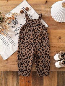 SHEIN Baby Girl Leopard Print Thick Corduroy Adjustable Shoulder Strap Ruffle Trim Versatile Jumpsuit Suitable For Winter - Brown - View 2